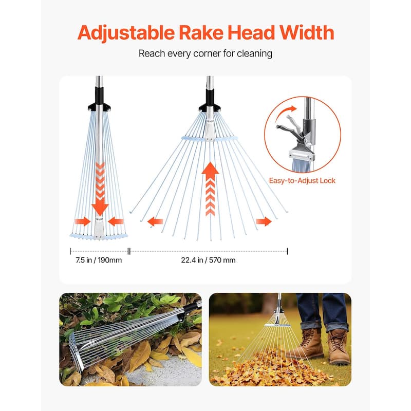 Stainless Steel Leaf Rake with 15 Metal Tines for Lawn - 62.99 x 22.44 x 2.17 in