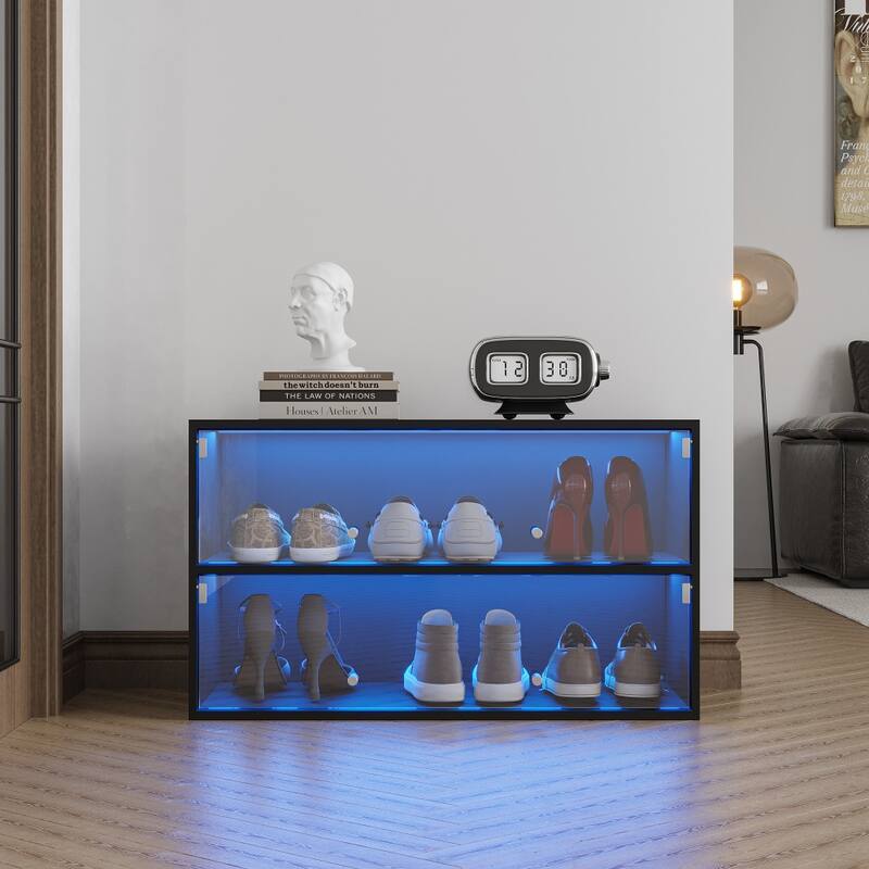 31.3 in. W Glass Door Shoe Box, Storage Cabinet With RGB Led Light - Black