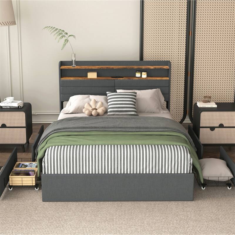 Full/Queen Size LED Upholstered Platform Bed w/ Drawers,Charging Station - Full