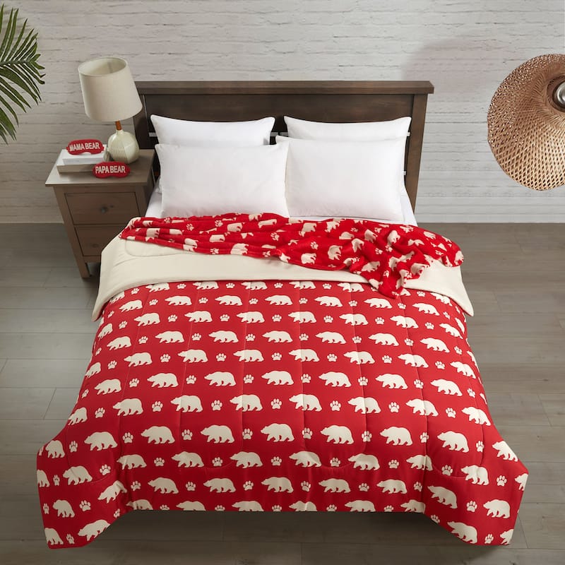 Dearfoams 4pc Mama Bear Comforter with Throw and 2 Eye Masks Set - Red - Full