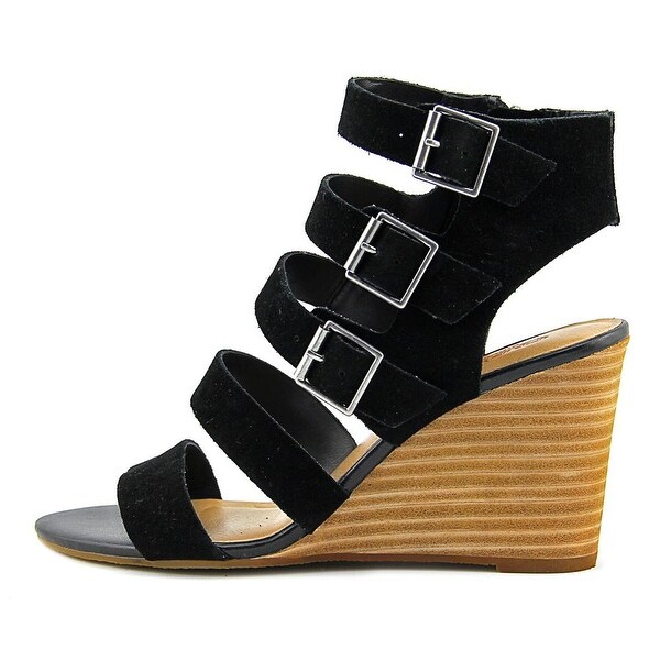 Open Toe Suede Black Wedge Sandal 