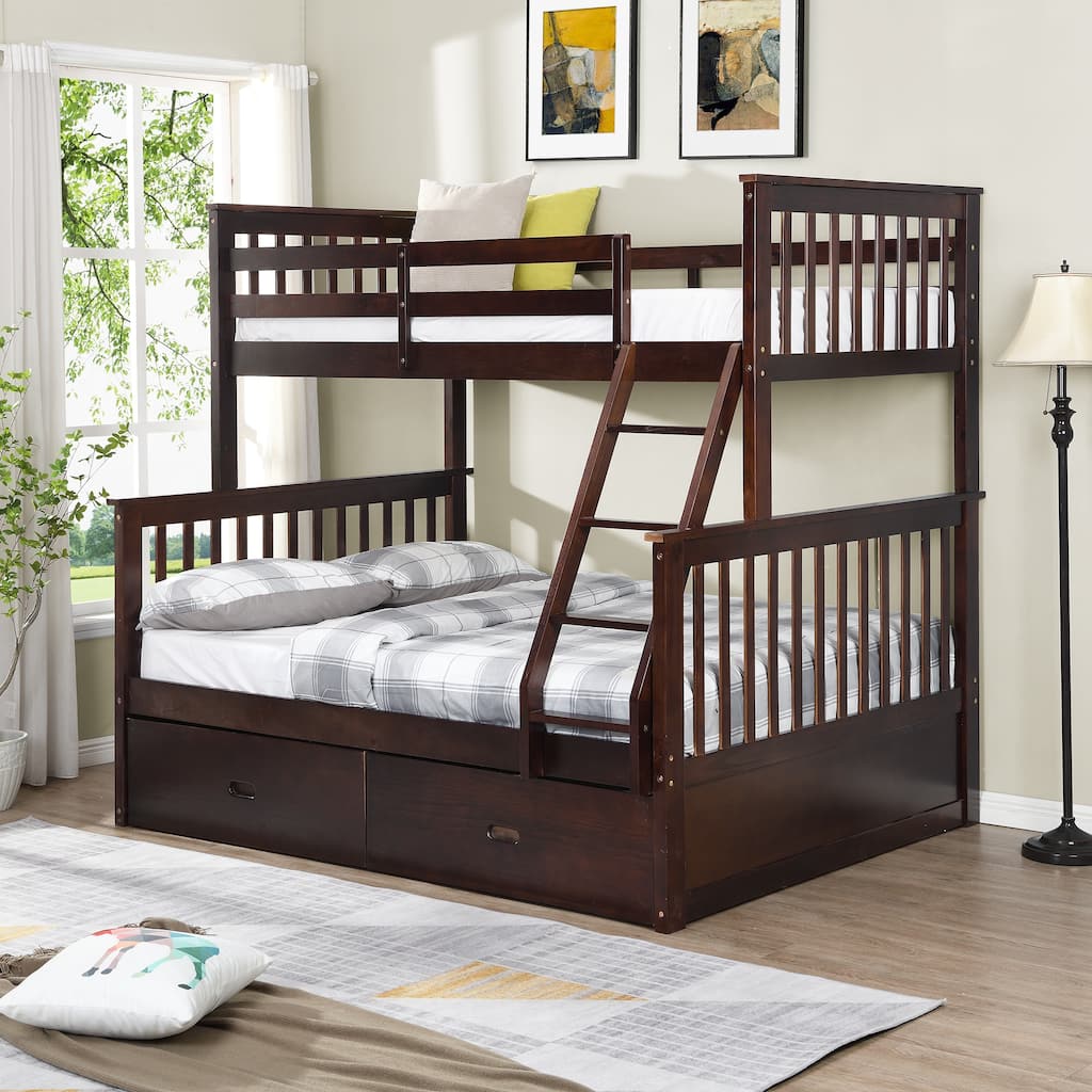 Twin Over Full Wooden Bunk Bed with Storage Drawers, Ladder, and Guardrails, Space-Saving for Kids' Rooms