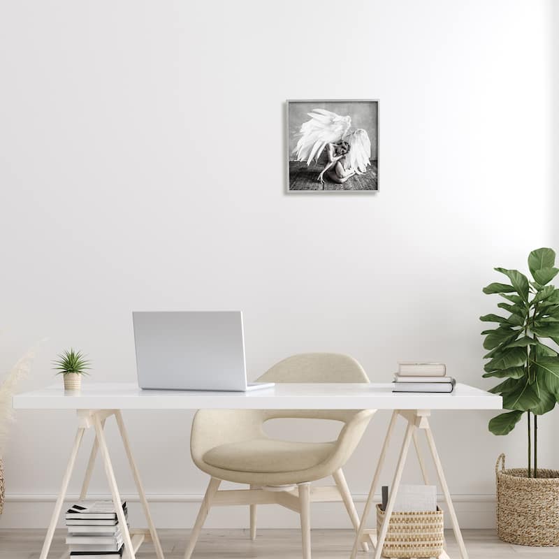 Stupell Magical White Angel Wings Woman Monochrome Photography Framed Wall Art - Grey