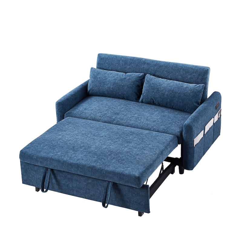 3-in-1 Pull Out Sofa Bed, Couch Bed with Adjsutable Back and Storage Pockets, 2 Seater Sofa with 2 Soft Pillows and USB Ports