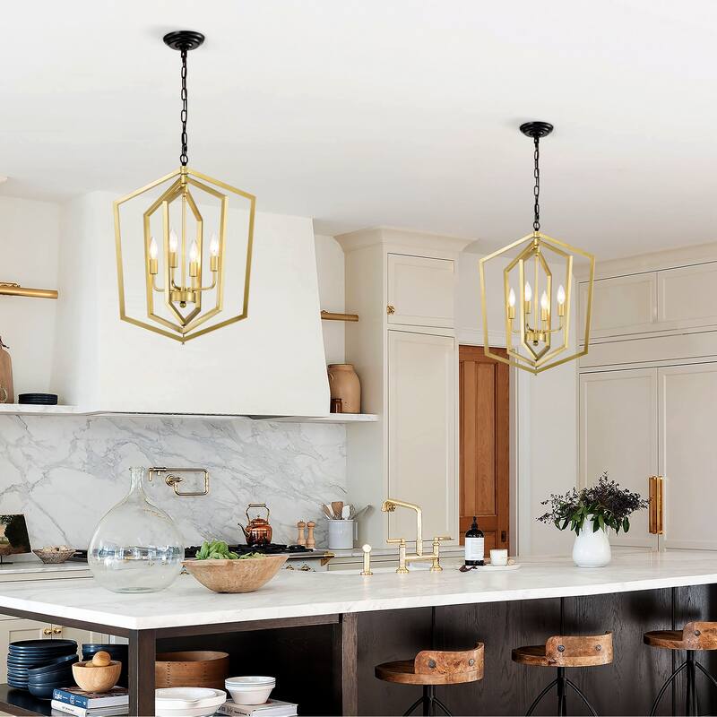 Farmhouse 4-Light Kitchen Pendant Light, Retro Lantern-Style Ceiling Light, Adjustable Height, for Dining Room, Corridor