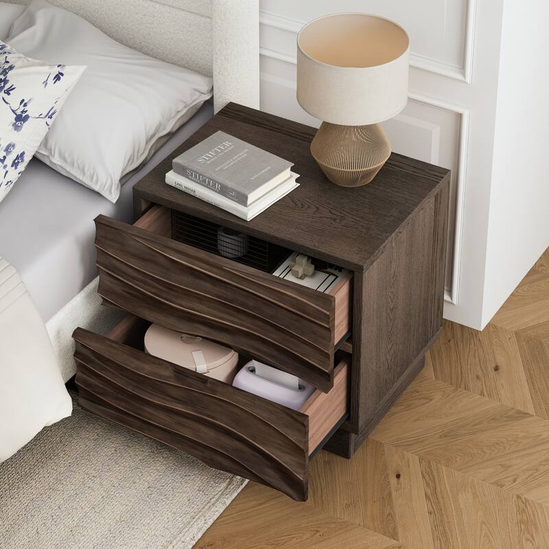 Solid Wood Nightstands, Bedside Table with 2 Drawers, No Handles, Sofa End Table for Living Room, Bedrooms