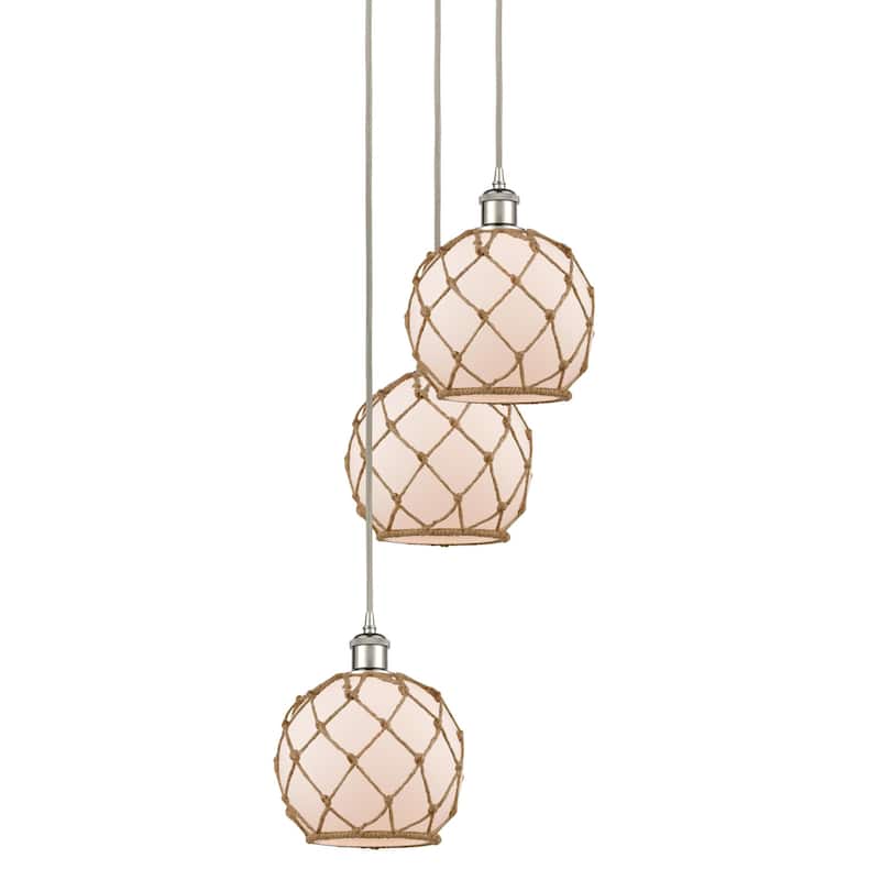 Innovations Lighting 113B-3P-31-15 Farmhouse Rope Pendant Farmhouse - Polished Nickel / White Glass with Brown Rope
