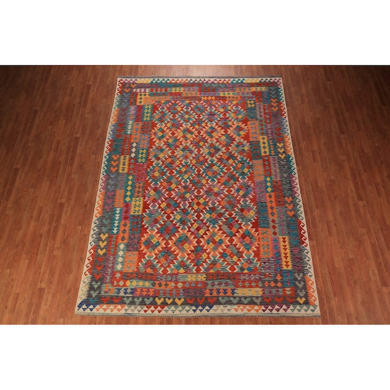 Kilim Area Rug Hand-Woven Living Room Wool Carpet - 8'0" x 11'5"