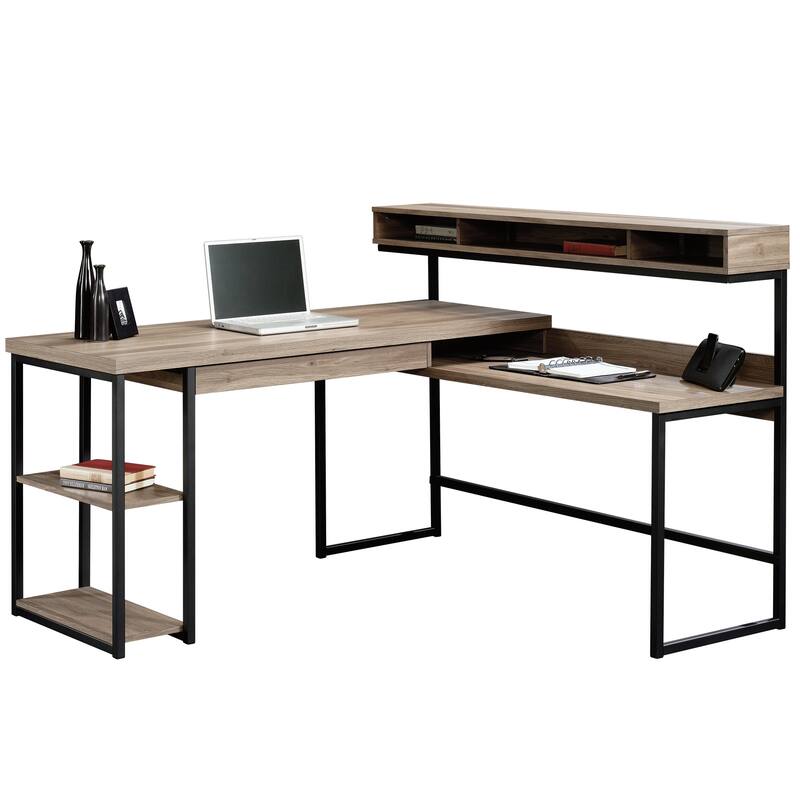 Engineered Wood Industrial L-Shaped Desk with Elevated Cubby Shelf , Brown