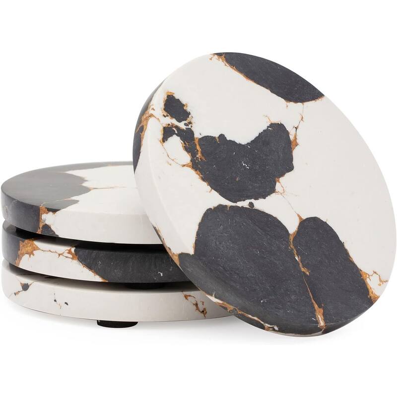 4 Pack Black & Gold Round Resin Coasters 4.75" Round Heat Tolerant Protects Surfaces Easily Wipes Clean - Multi
