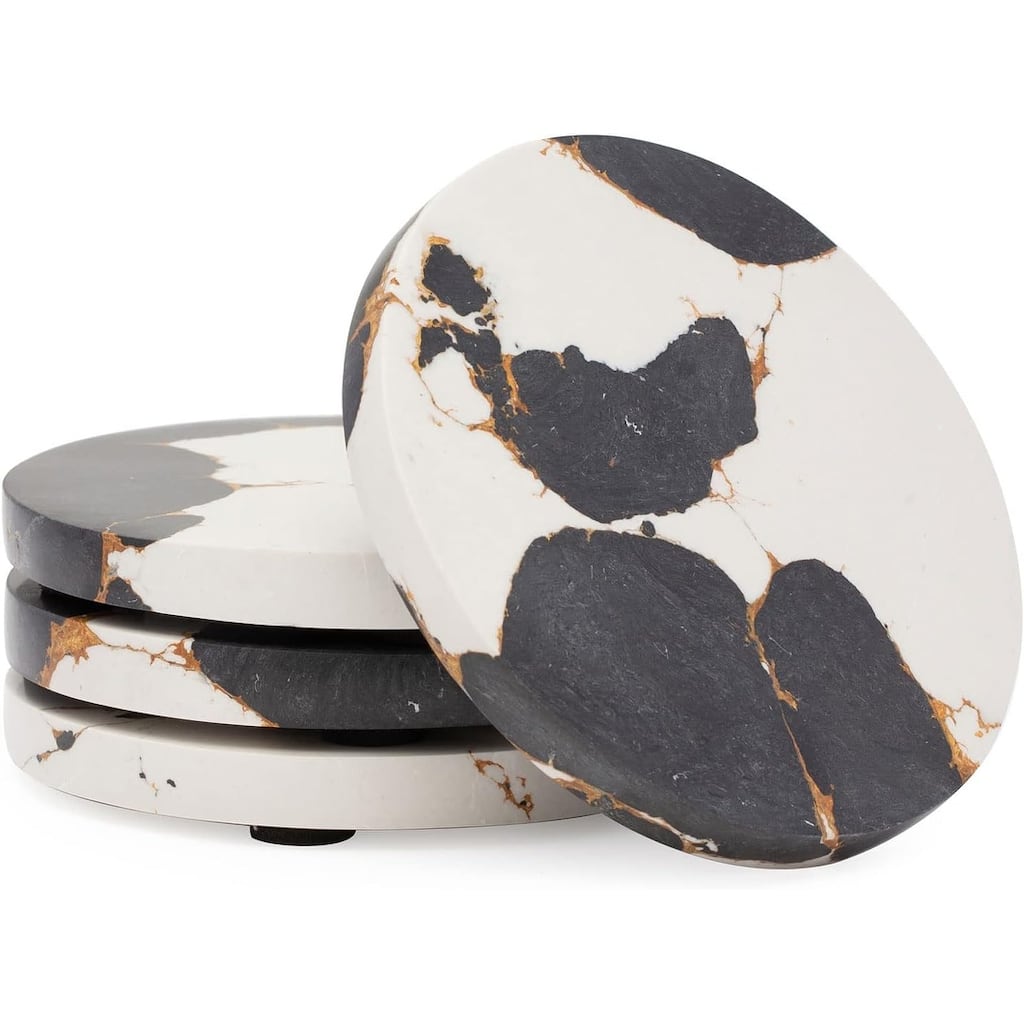 4 Pack Black & Gold Round Resin Coasters 4.75" Round Heat Tolerant Protects Surfaces Easily Wipes Clean