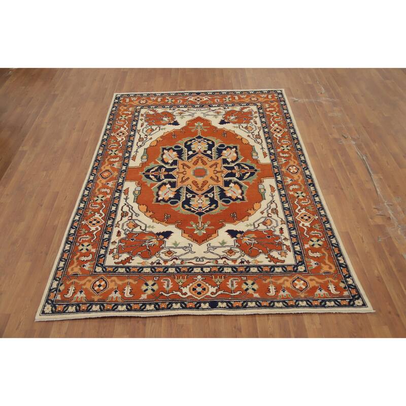 Hand Knotted Oriental 100% Wool Carpet Traditional Medallion Oranges & Rust Heriz (serapi) Area Rug - 8' 4'' X 5' 9''