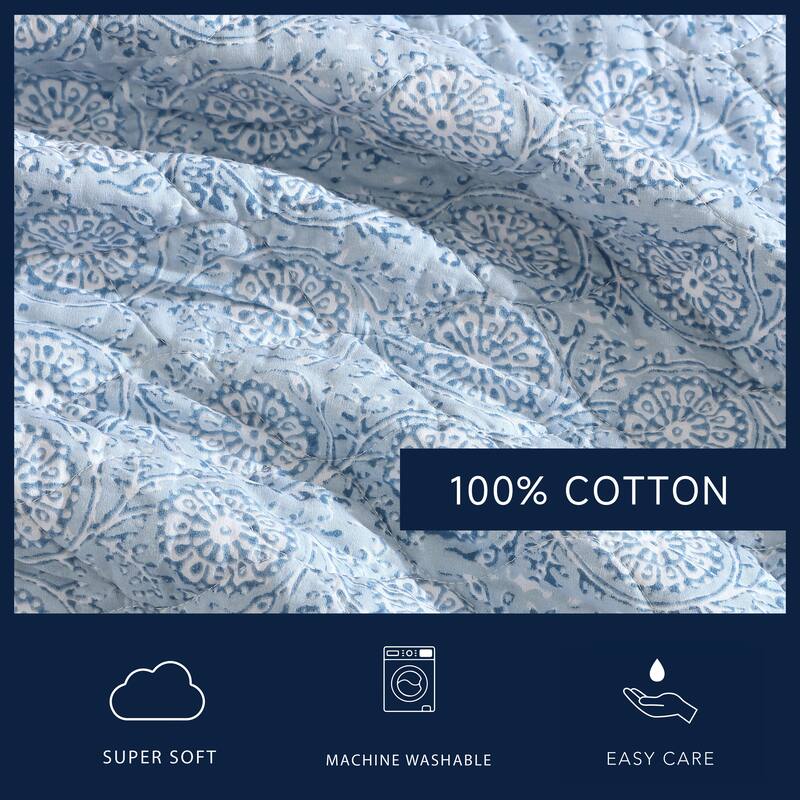 Nautica Floral Park Intricate Floral Motif Cotton Reversible Quilt (Blue, 3 Piece Set)