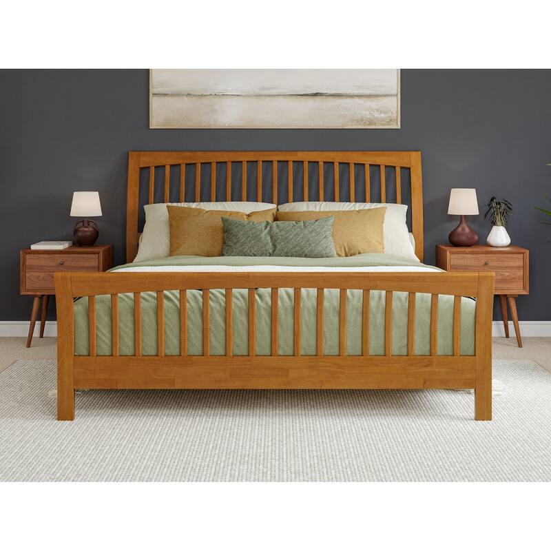 King Solid Wood Platform Bed - Low Profile Design with Footboard & Sleigh Headboard - Light Toffee Finish