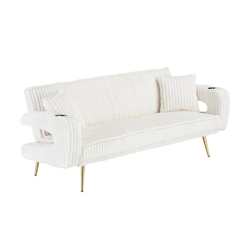 Three-gear Adjustable White Corduroy Sofa with 2 Throw Pillows for Living Room and Study