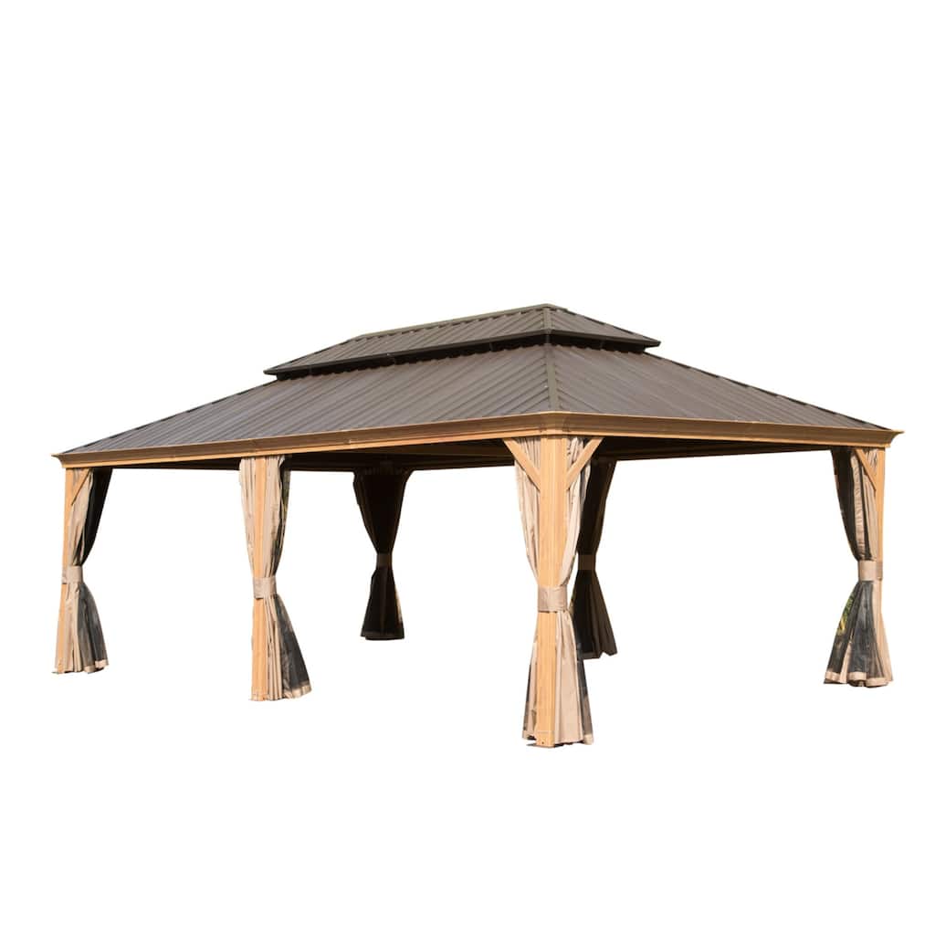 14x24FT Hardtop Gazebo with Galvanized Steel Roof, Aluminum Frame, Built-in Gutter, Curtains & Netting for Patio Garden