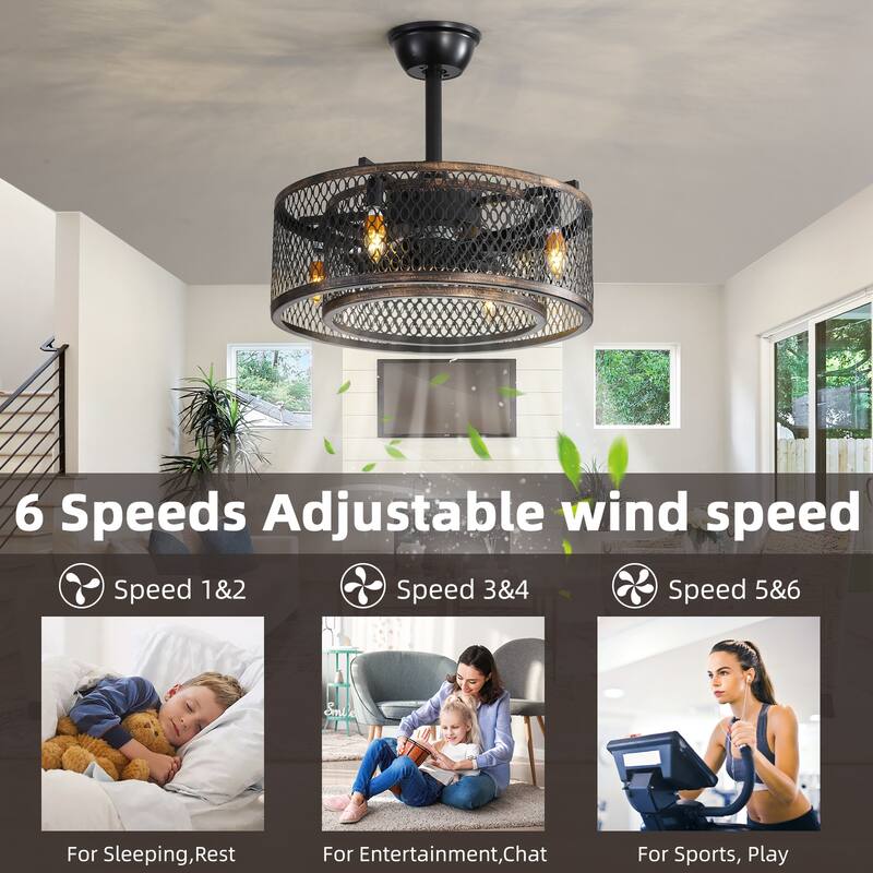 Vintage Cage Style Ceiling Fan Light with Lighting and 6 Speed Settings, DC Motor for Bedroom and Living Room