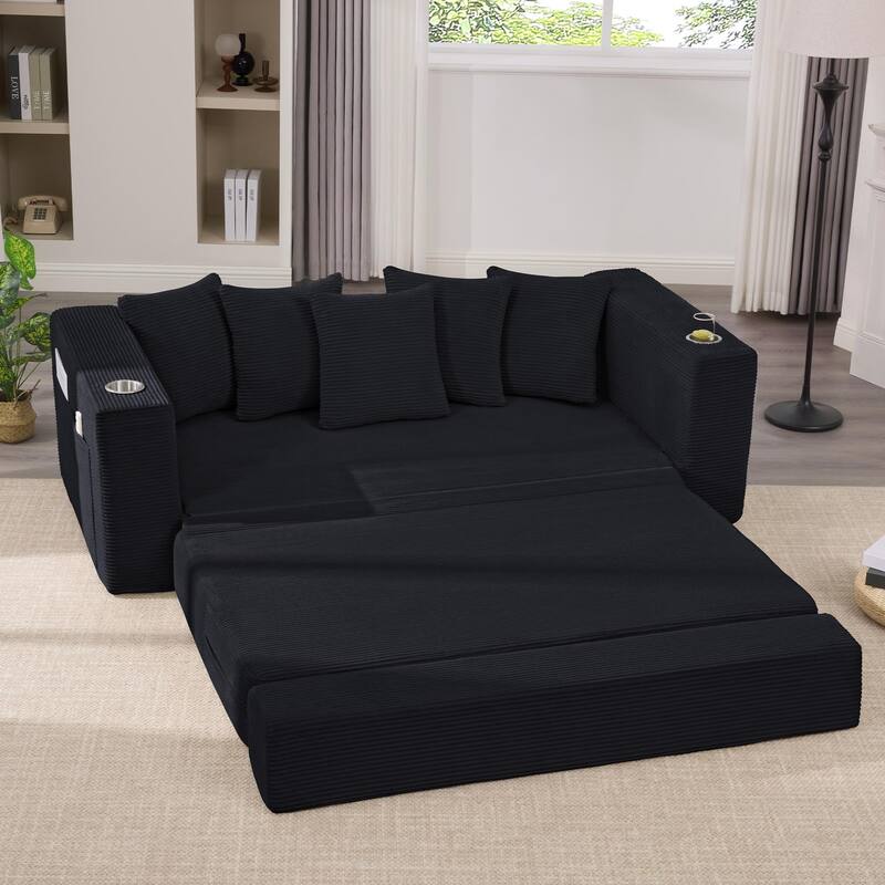 2-in-1 Convertible Sleeper Sofa, Floor Folding Couch, Sofa Bed with Side Pocket, Pull Out Loveseat with Cup Holders