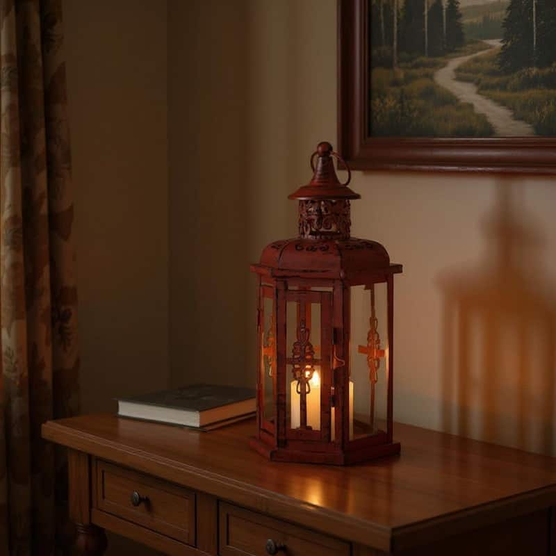 10" Red Distressed Filigree Metal Tabletop Lantern Candle Holder - Red