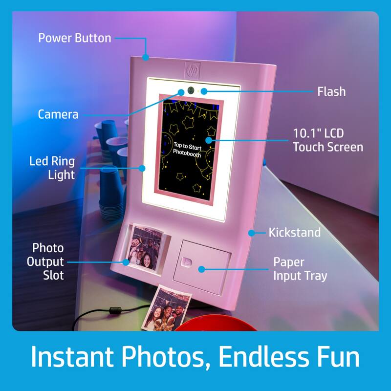 HP Sprocket Photobooth 3" x 4" Color Photo Printer with Touch Screen, LED Ring Light, Wi-Fi - Pink