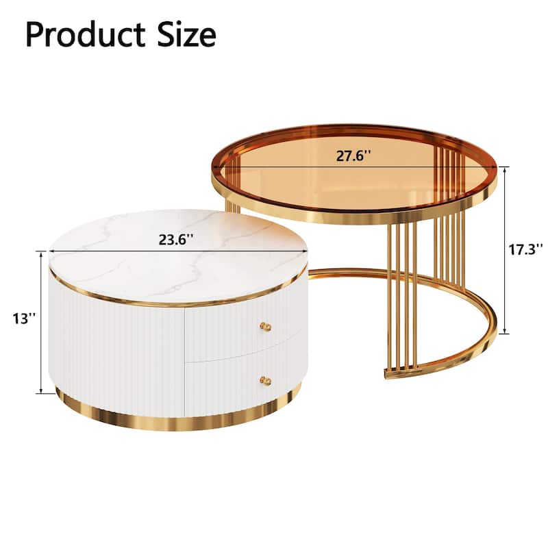Modern 2 Pieces Round Nesting Coffee Table with Drawers and Brown Tempered Glass Top in 27.6"