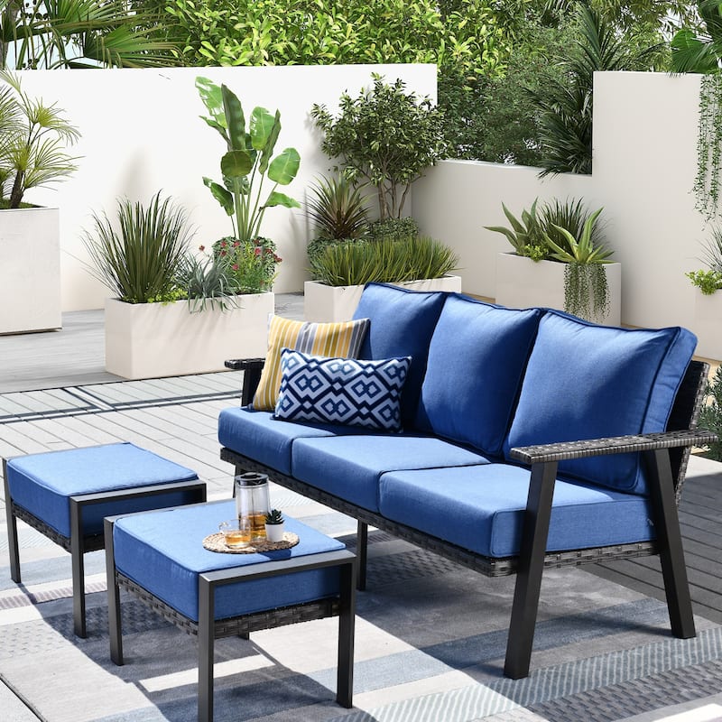 OVIOS Outdoor 3-piece Wicker Sectional Sofa Set With Ottoman Steel Frame - Blue