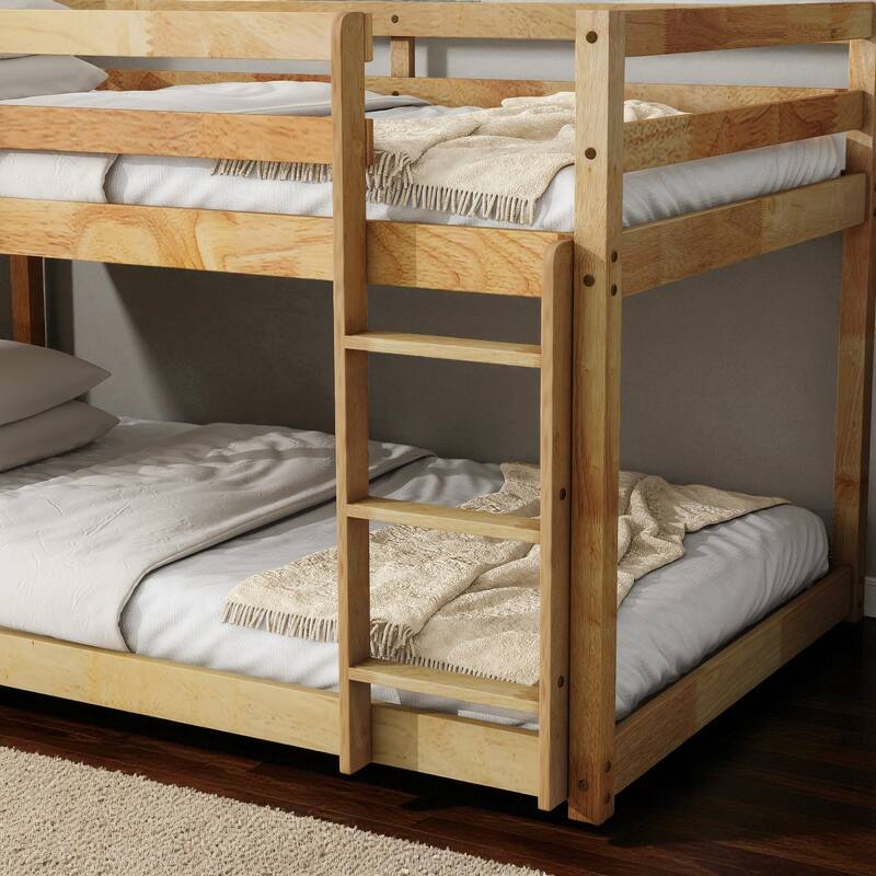 Solid Rubber Wood Twin Over Twin Floor Bunk Bed with Ladder, Low Height Design and Strengthened Slat Support