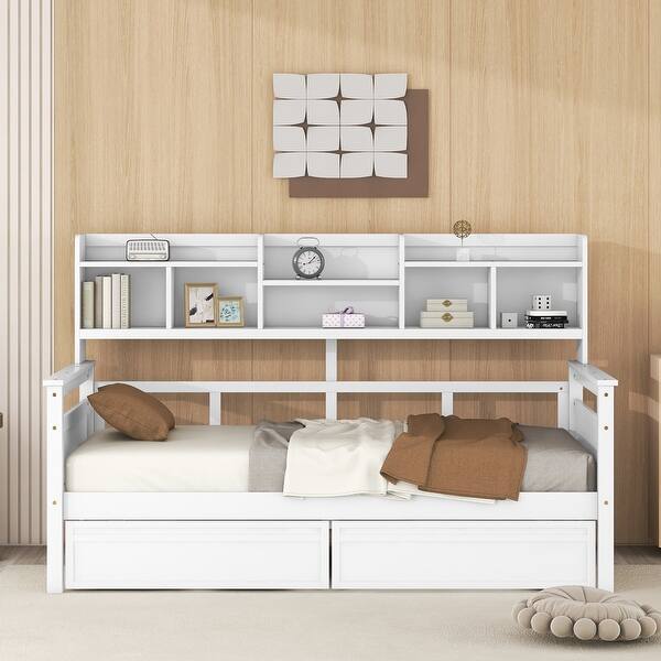slide 2 of 12, Twin size Daybed, Wood Slat Support, with Bedside Shelves and 2 Drawers for Kids Teens Adults Storage Bed Frame, White White
