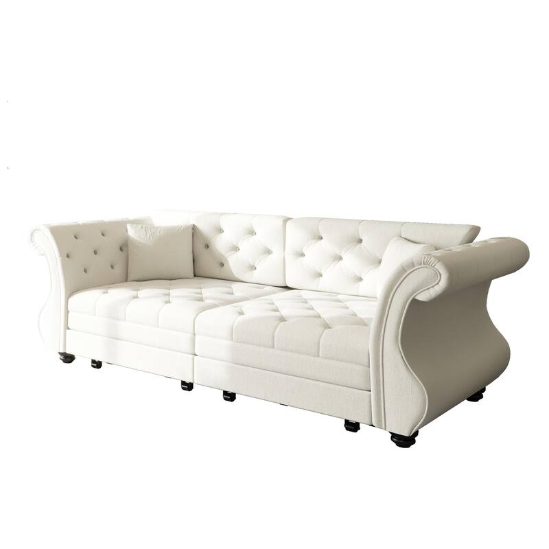 83.8" Chesterfield Velvet Pull-Out Sofa Bed, Classic Roll Arm Sleeper Couch with Elegant Flower Tufting