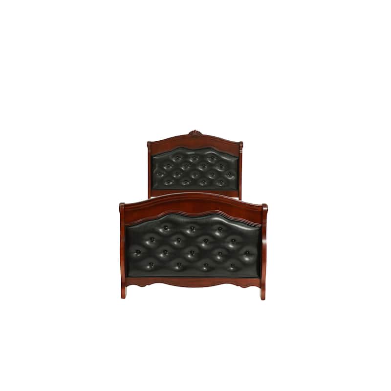 Dark Cherry Twin Size Bed Youth Bedroom Furniture Espresso Faux Leather Headboard Footboard Plywood 1pc Bedframe