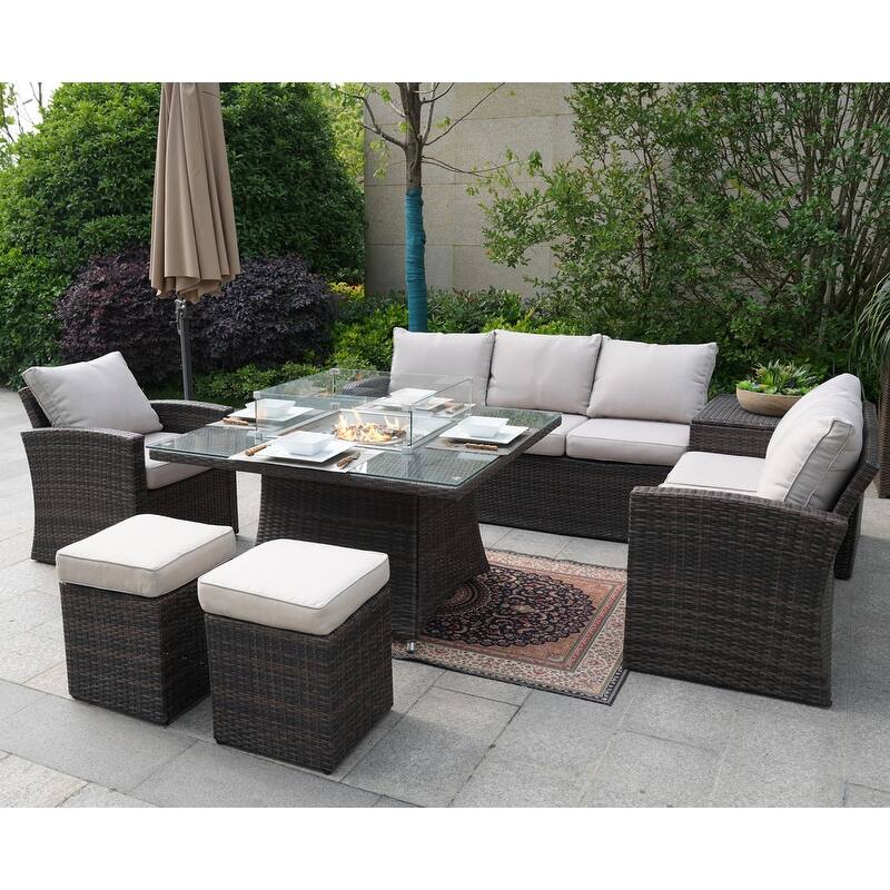 7 Pieces Patio Wicker Sofa with Square Firepit Dinging Table