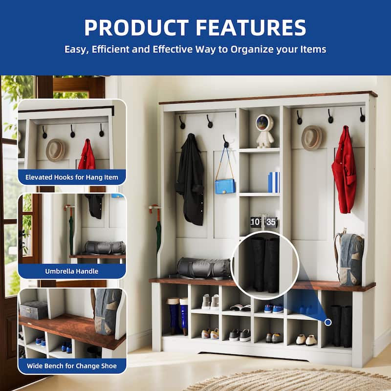Moasis 59"/39"W Farmhouse Hall Tree Adjustable Shelf Coat Rack with Shoe Storage Bench for Entryway