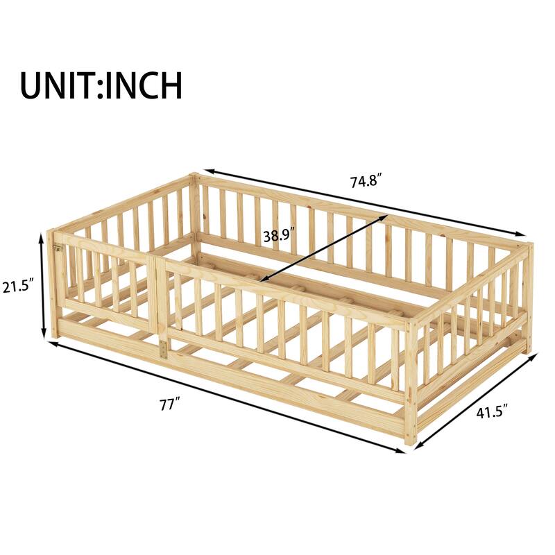 Twin Size Montessori Floor Bed with Fence, Door, and Slats for Kids, Natural Oak Finish