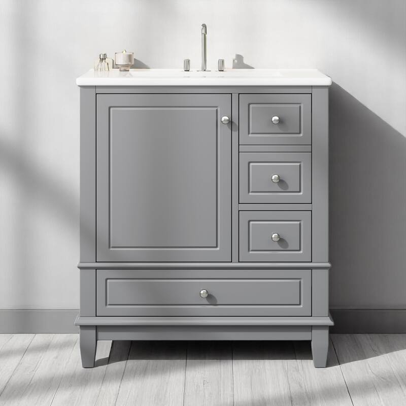 30" Freestanding Bathroom Vanity with Sink, One Door Cabinet and 3 Drawers, Solid Wood Frame & MDF Board - Grey