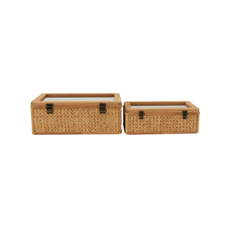 Brown Rattan Handmade Woven Rattan Box with Glass Tops and Bronze Latches (Set of 2)