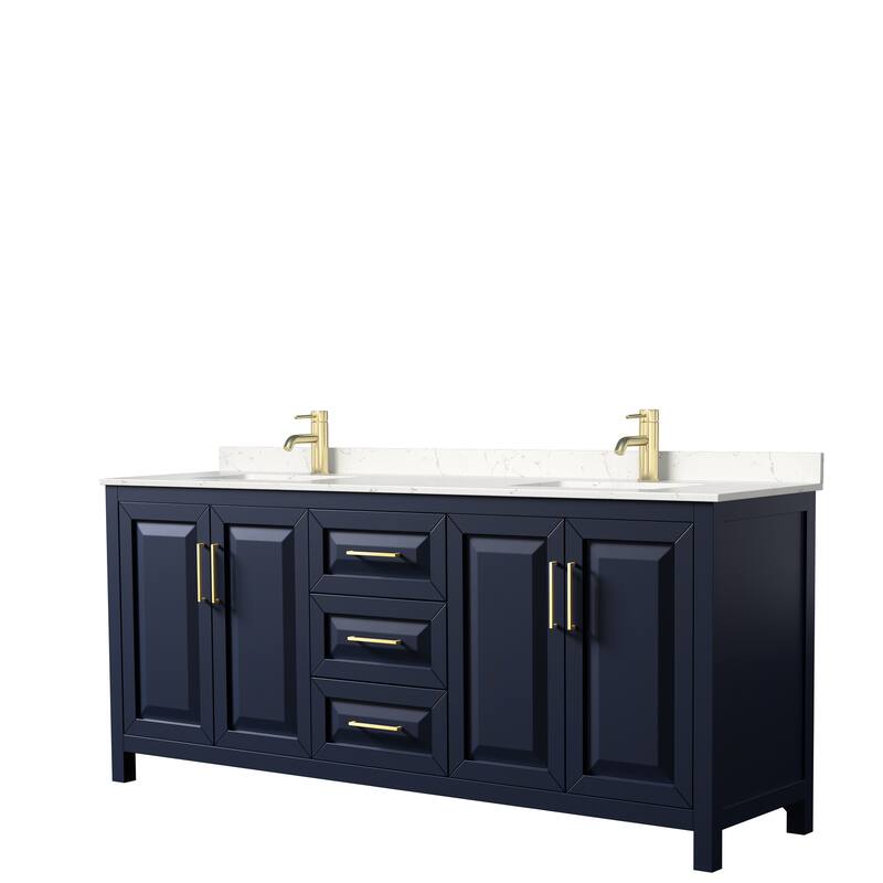 Daria 80 Inch Double Vanity, Cultured Marble Top - Dark Blue, Gold Trim, Carrara Cultured Marble Top