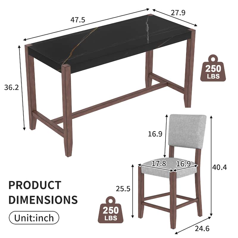 5-Piece Counter Height Dining Table Set with Faux Marble Table and 4 Upholstered-Seat Ergonomic Chairs, Anti-stain Surface