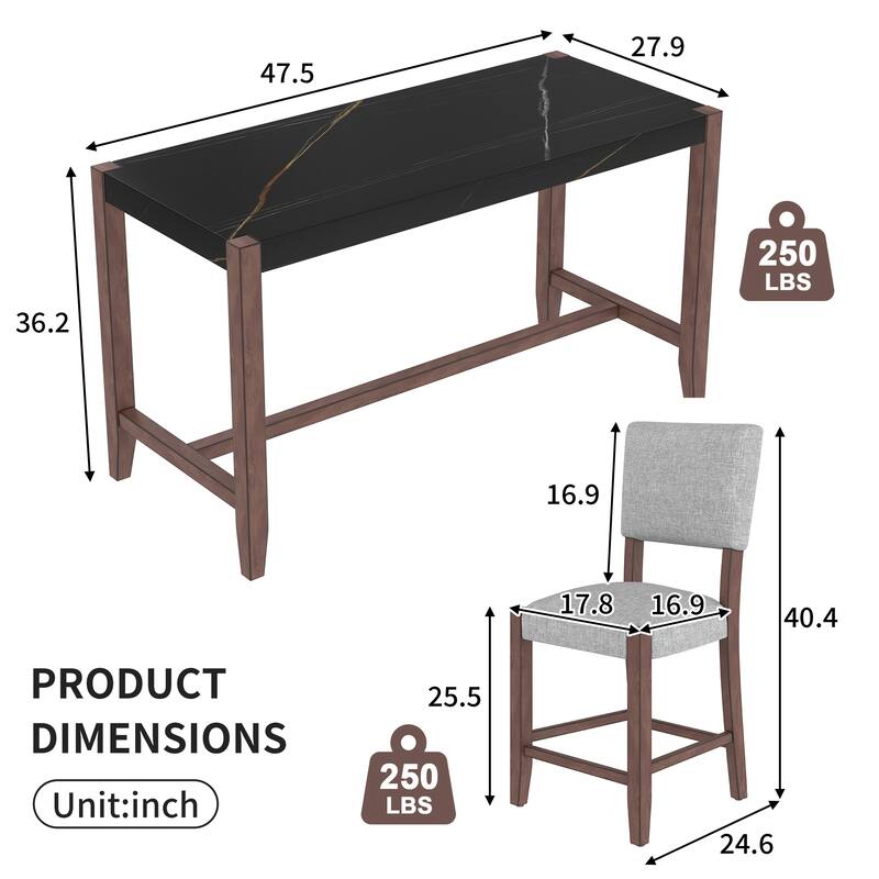 Modern 5-Piece Faux Marble Dining Set, Bar Height Table with 4 Upholstered Chairs, Ideal for Small Spaces