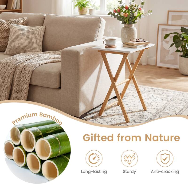 Gymax Folding TV Tray Tables Set of 2 Bamboo Snack Table for Small