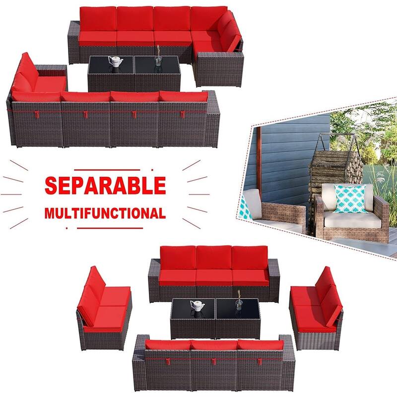 Kullavik 12 Pieces Outdoor Patio Furniture Set Sectional Rattan Sofa Set with Tempered Glass Table