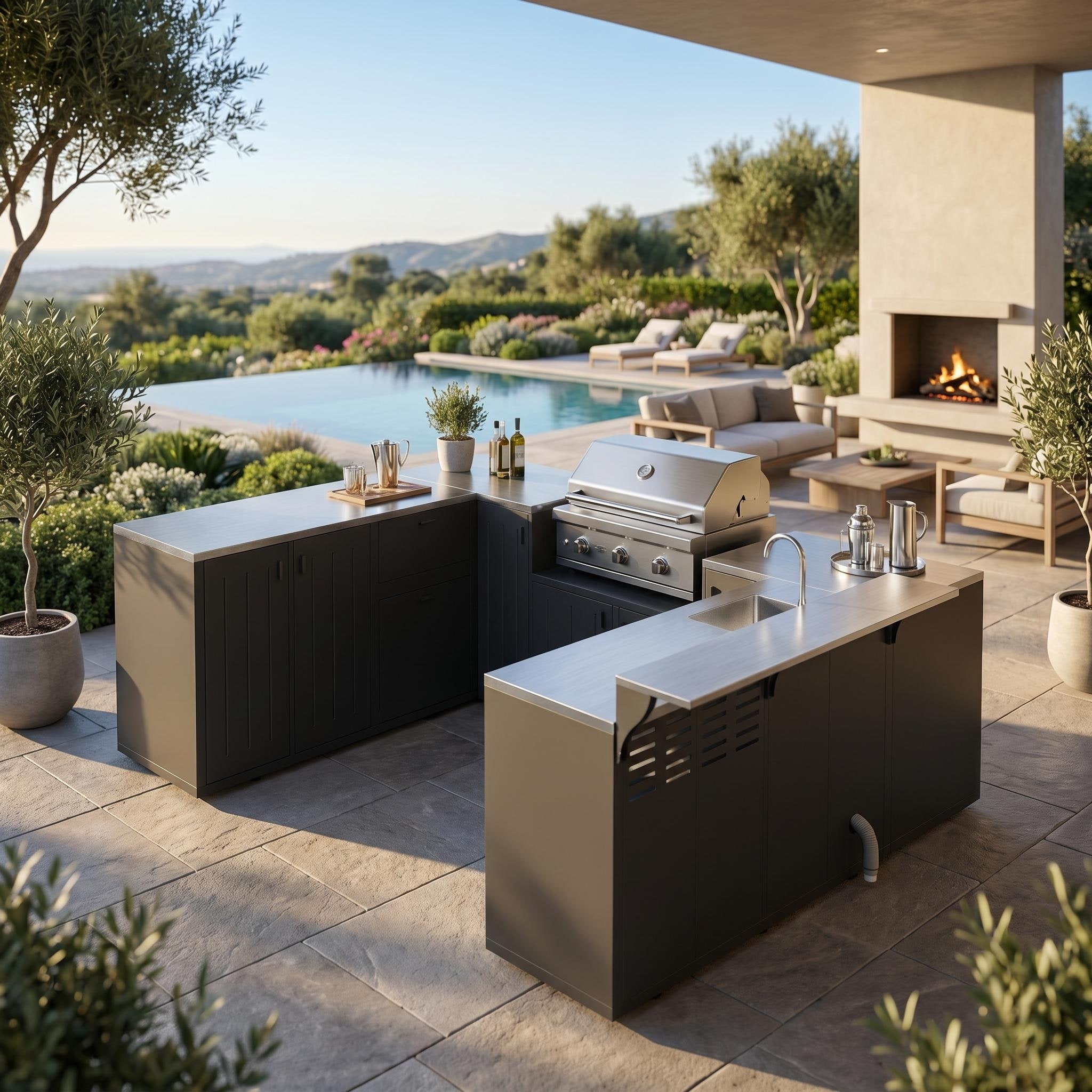 Outdoor Kitchen Island with Sink & Trash Bin Cabinet, U-Shaped BBQ Grill Station Galvanized Steel Outdoor Bar Prep Station