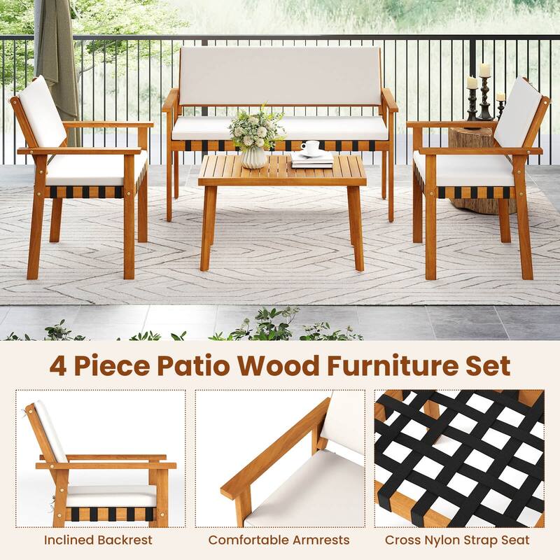 Costway 4 PCS Wood Furniture Set with Coffee Table Seat Back Cushions - See Details