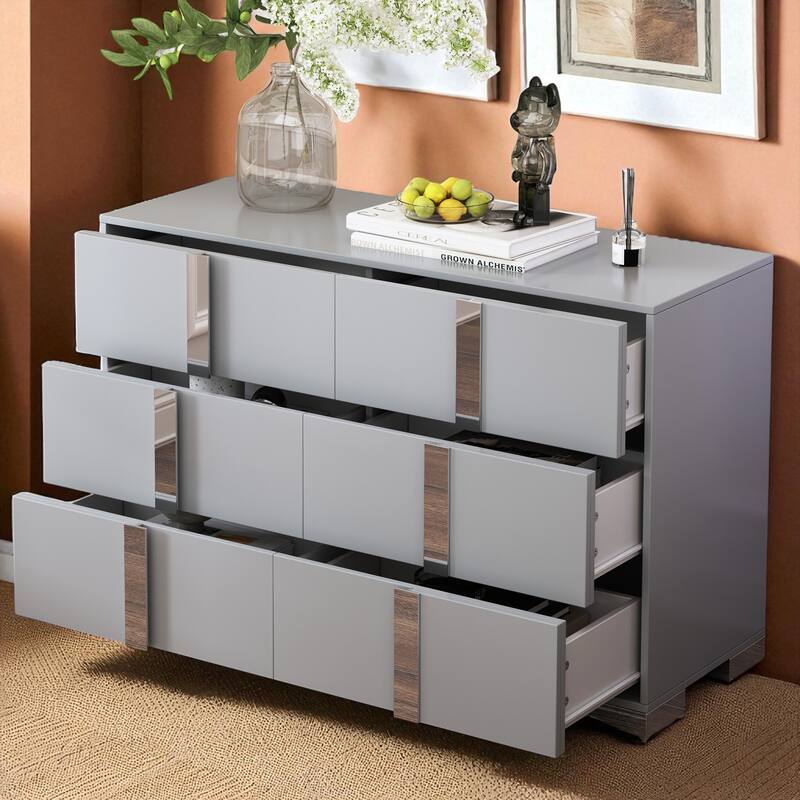 Modern 6 Drawer Dresser with Mirrored Handles and Metal Legs, MDF Storage Cabinet for Bedroom Organization