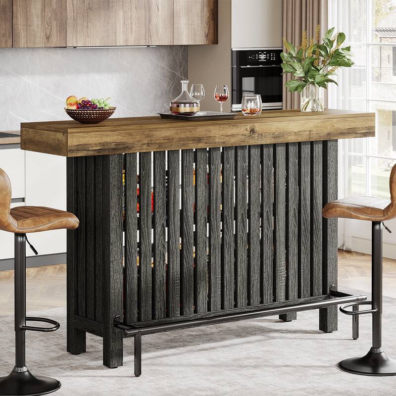 Home Bar Unit, Modern 2-Tier Bar Table with Footrest - 15.75"D x 62.99"W x 41.54"H - Grey