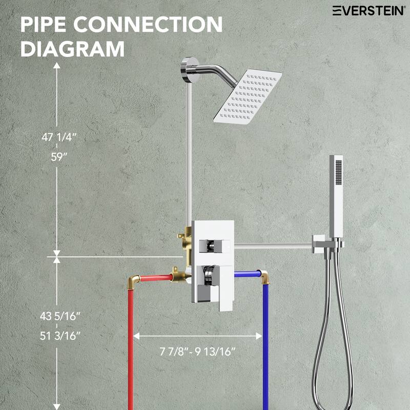 Wall Mounted 6 in Rain Shower Head Bathroom Shower Faucet Set 2-Setting Square Shower System With Rough-In Valve, & Handheld