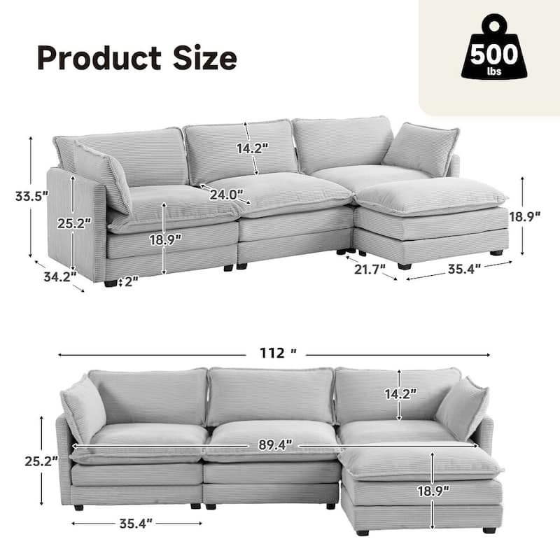 Oversized Modular Corduroy Sectional Sofa Set with Ottoman, 3-Seater / 4-Seater Deep Seat Lounge Couch for Living Room
