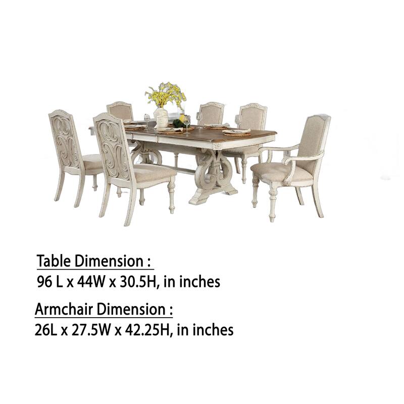 Arca 7pc Dining Table Set with Fabric Chairs, Antique White Solid Wood