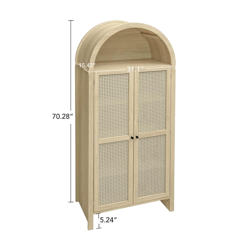 Roomfitters 70.28" Tall Arched Kitchen Pantry Cabinet, Modern Farmhouse Storage Cabinet with Glass Doors, Natural