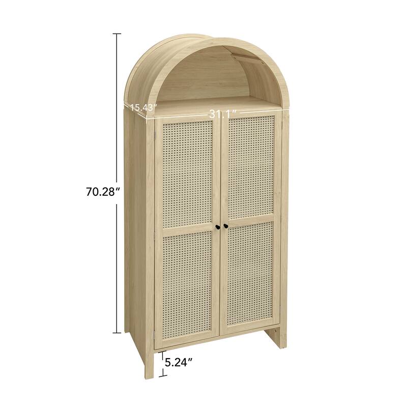 Wooden Arched Kitchen Pantry Cabinet, Storage Cabinet with 2 Rattan Doors, Freestanding Cupboard with 2 Adjustable Shelves