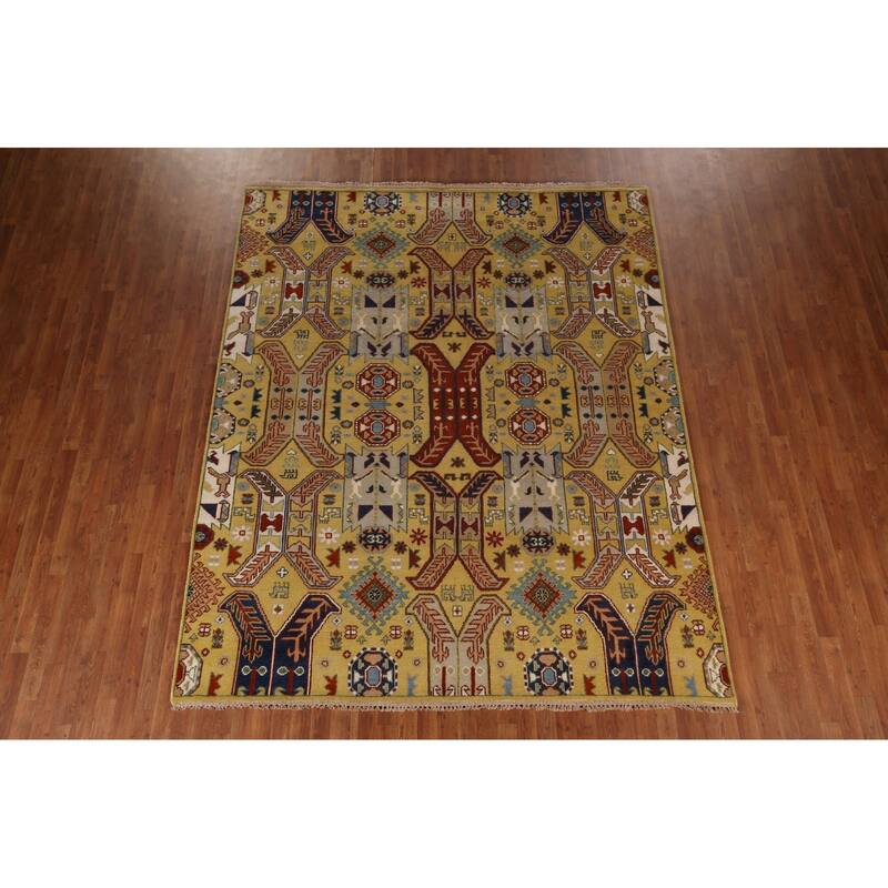 All-Over Geometric Kazak Oriental Area Rug Hand-Knotted Wool Carpet - 7'11"x 9'9"